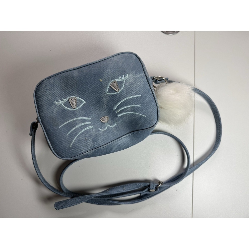 Girls blue denimlike Cat Crossbody Purse with white puff charm
